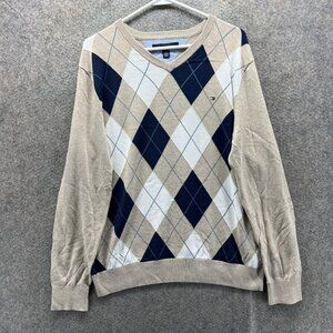 Tommy Hilfiger Sweater Mens Large Beige Cotton V Neck Argyle Pullover Knit Logo